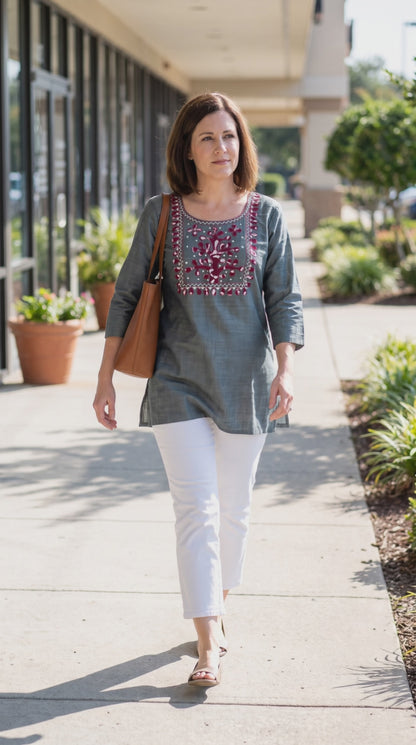 Women's grey color blouse with applique work in XL