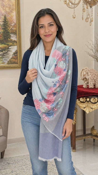 Women's pashmina stole with nalki embroidery light blue with pink
