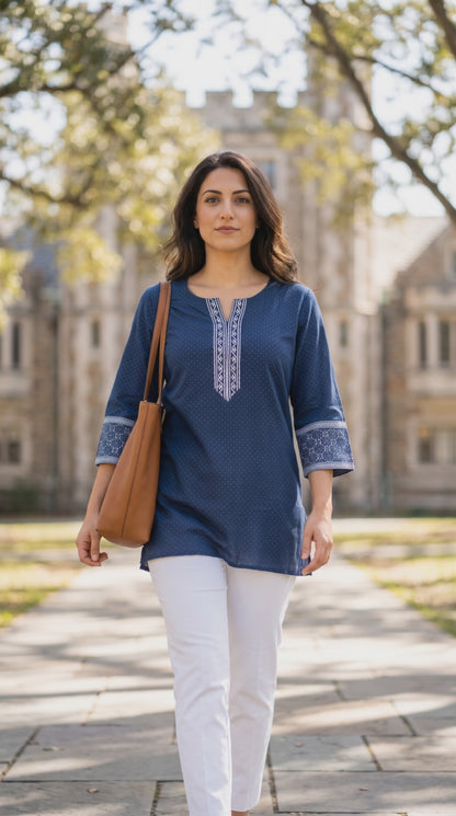 Women's navy blue blouse with white polka dots in L