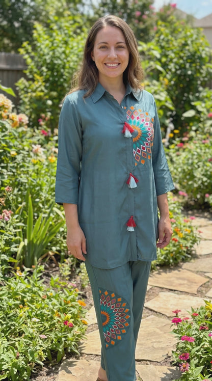 Women's cadet blue color muslin silk co-ord set in M