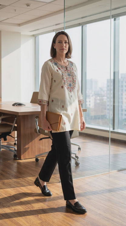 Women's Off-white muslin silk with neck embroidery in S