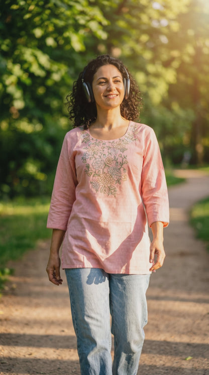 Women's pink cotton blouse with neck embroidery in L