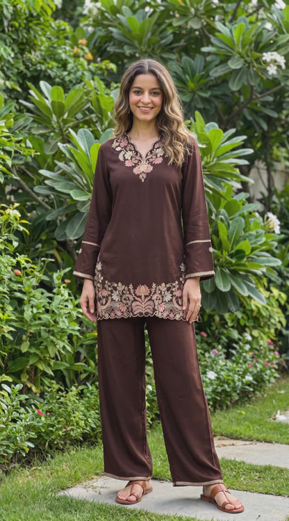 Women's Premium German Rayon Embroidered Coord Set in Brown & Dark Green