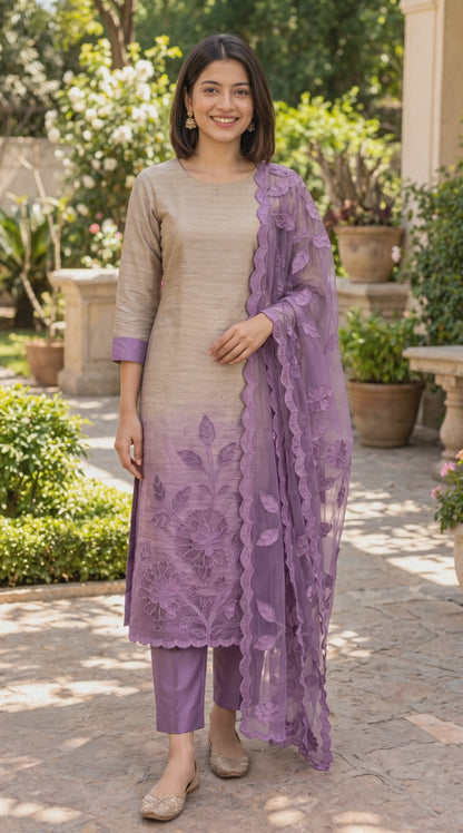 Women's Crushed Shimmer Silk Laser cut work Kurta Set in M, L, 2XL