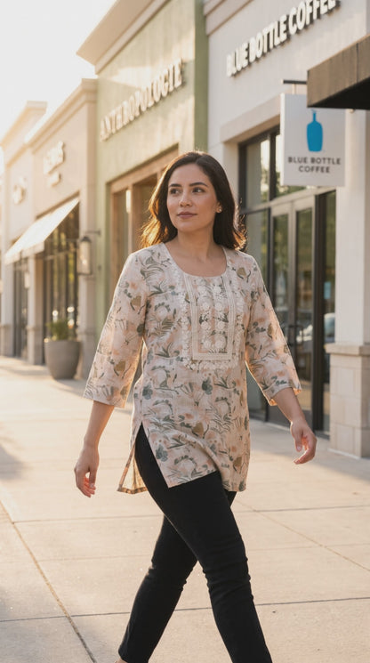 Women's Beige linen top with white embroidery in XL
