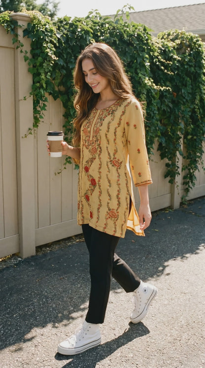Women's mustard georgette top with embroidery in L