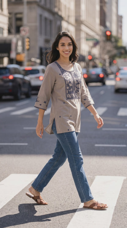 Women’s muslin silk deer embroidered top in L