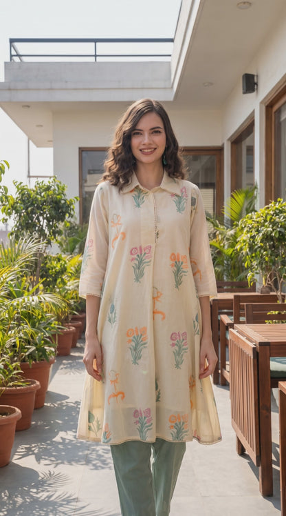 Women's beige floral block printed A-line Kurta with sage green pants in M
