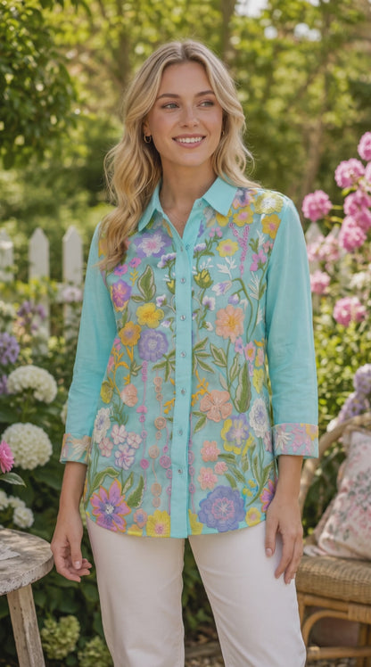 Women's Floral Embroidered Cotton Apple-Cut Top (L, XL, 3XL, 4XL)