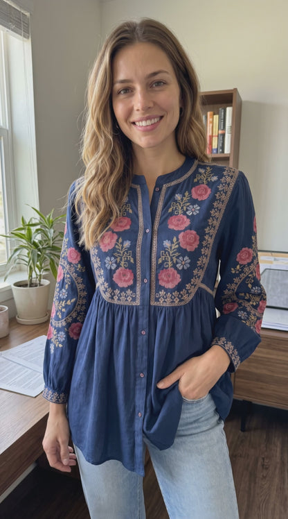 Women’s Soft Rayon Embroidered Pleated Top with Puffed Bell Sleeves (S to XL)