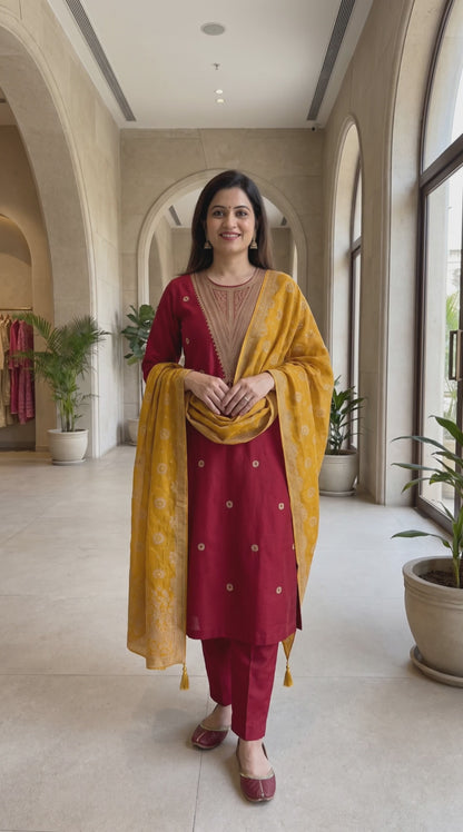 Women’s Red Roman silk Kurta Set with yellow dupatta in S