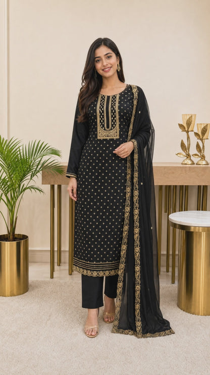 Women's black shimmer silk kurta set with jacquard work (M to 2XL)