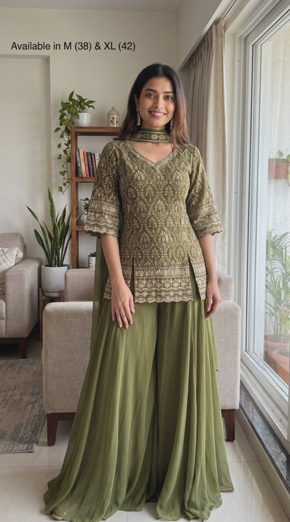 Women's Olive Green Chinon Short Top Palazzo Set in M & XL