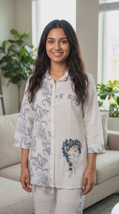Women's white co-ordset with face embroidery in M