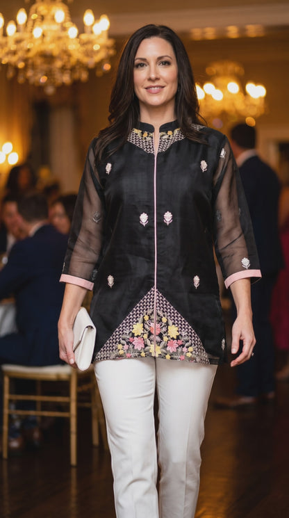 Women's black organza blouse with mandarin color in XL