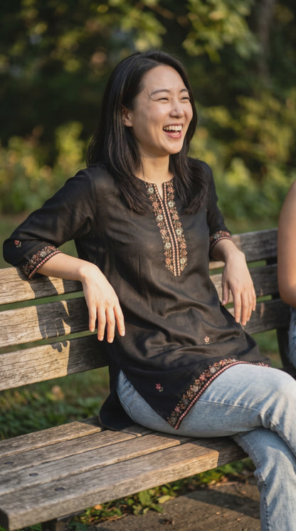 Women's Black muslin silk with neck embroidery in XS