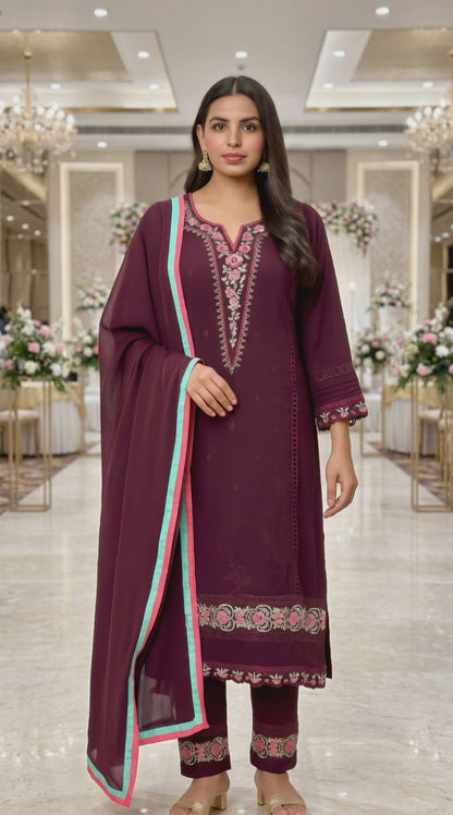 Women's wine georgette kurta set in L