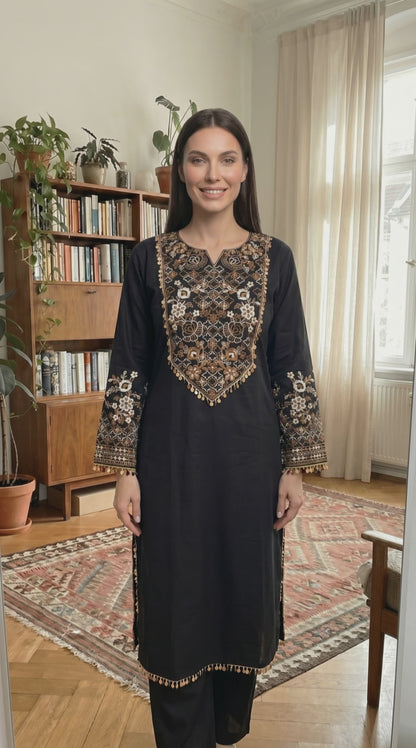 Women's Blue & Black color embroidery coord sets with coin lace (S, M, L)