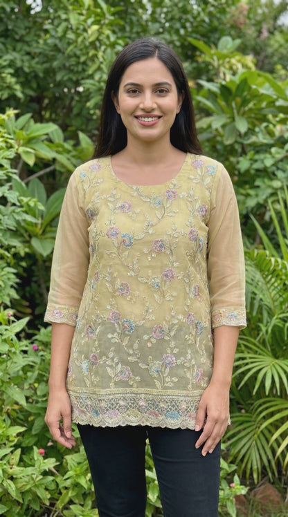 Lemon yellow crushed organza with embroidery in 2XL
