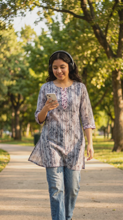Women's Grey strip printed cotton top in M
