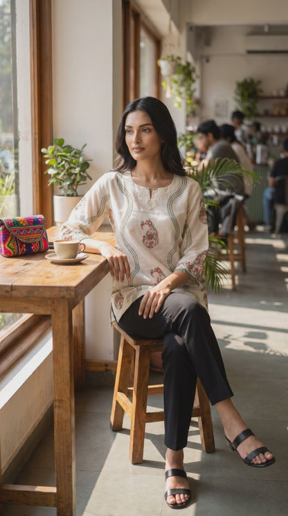 Women’s off-white mul chanderi top with colorful floral embroidery in L