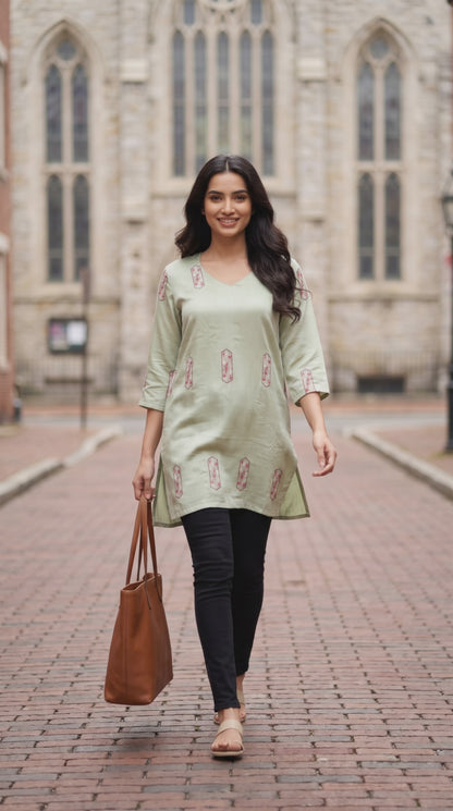 Women's Pastel green muslin silk top with vertical embroidery in L