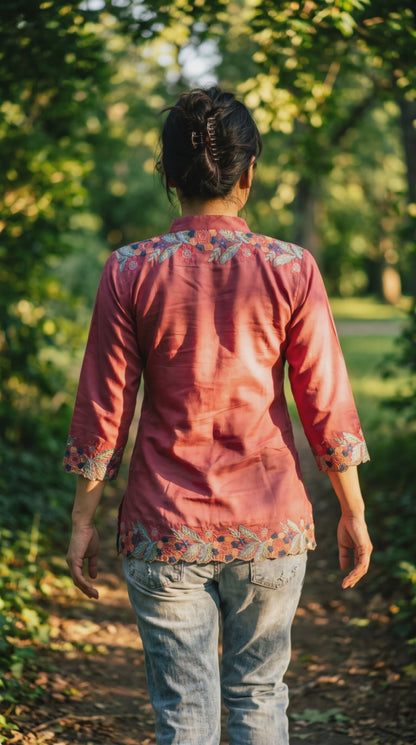 Women's rose red blouse with embroidery in L