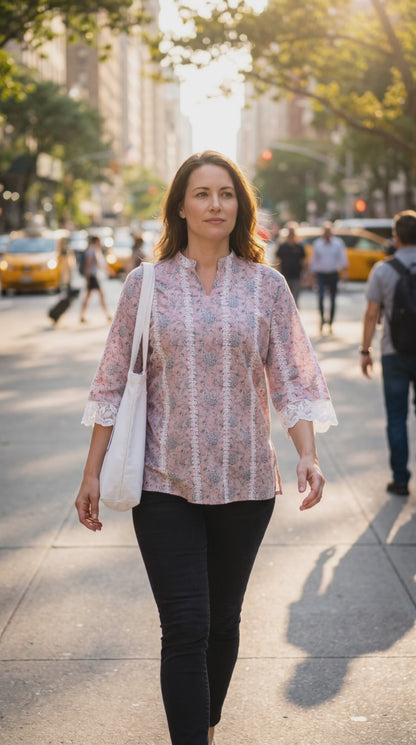 Women's peach printed cotton blouse in 2XL