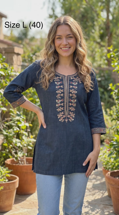 Women's Navy Warli embroidery Linen Top in L
