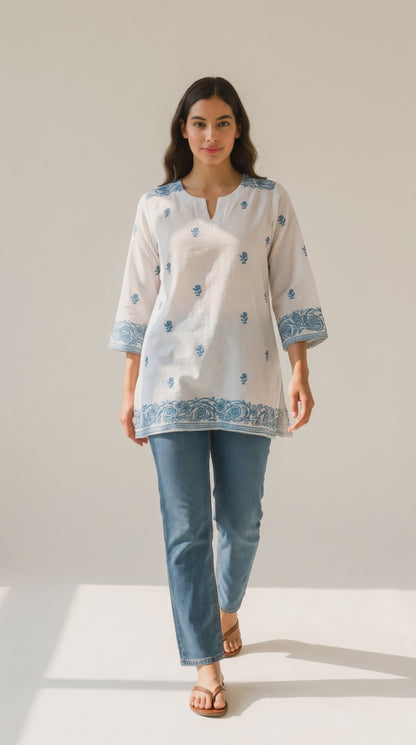 Women’s White & Blue Embroidered Cotton Top in XXL