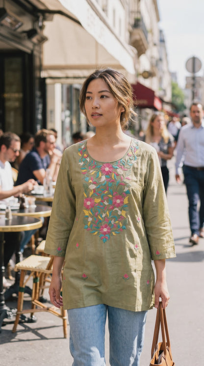 Women's Olive green muslin silk embroidered top in L