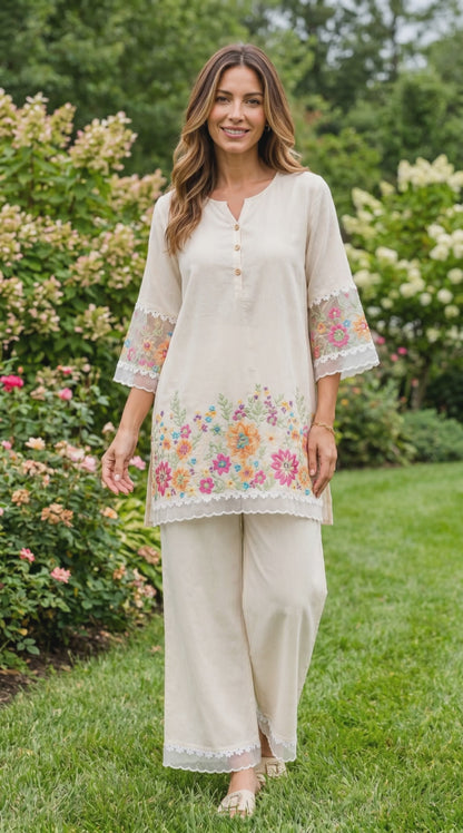 Women's soft cotton embroidered co-ord Set with lace in S to 2XL