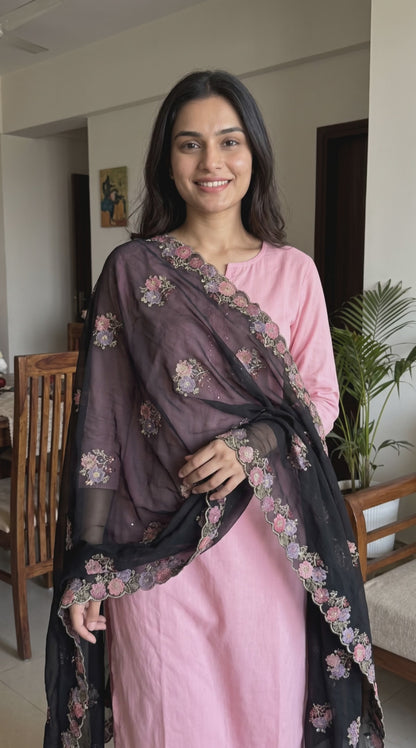 Women's Black Georgette Dupatta with Sequin & Scalloped Border