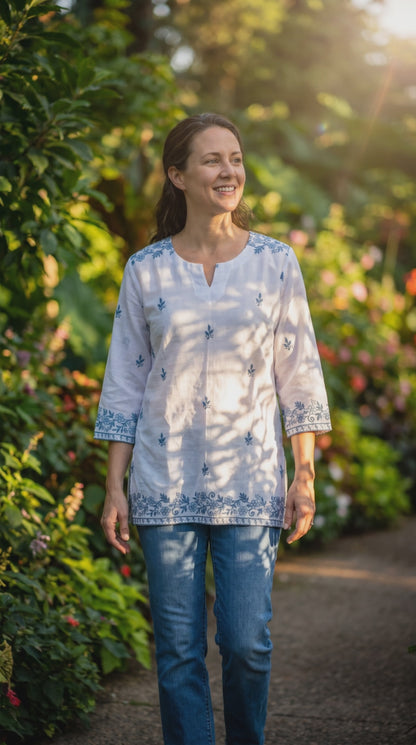 Women’s White Cotton Embroidered Top with Blue Floral Detailing in XL