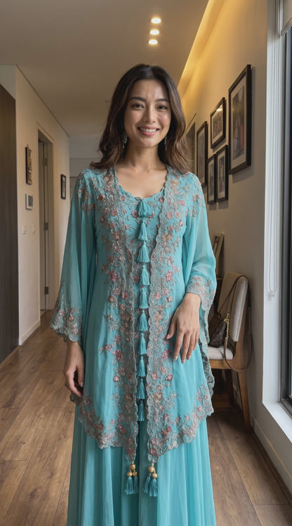 Women's Embroidered Georgette 3-Piece Palazzo Set with Detachable Shrug (M & L)