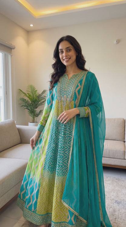 Women's Pleated Chinon A-Line Flared Dress with Dupatta