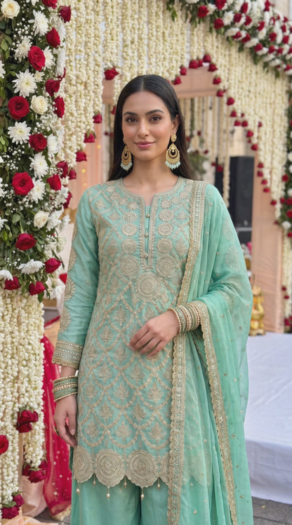 Women's mint green embroidered salwar suit with zari work (S to 2XL)