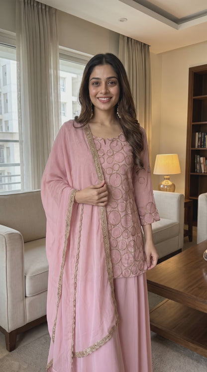Women's Blush Pink Georgette Embroidered Palazzo Set in S & L