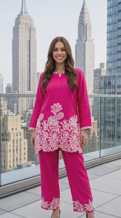 Women's fuchsia pink color co-ord set in russian silk in S