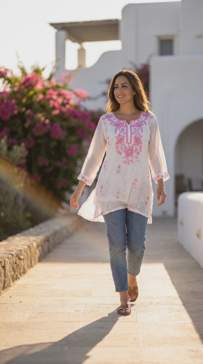 Milky white georgette with pink embroidery and mirrors in XL