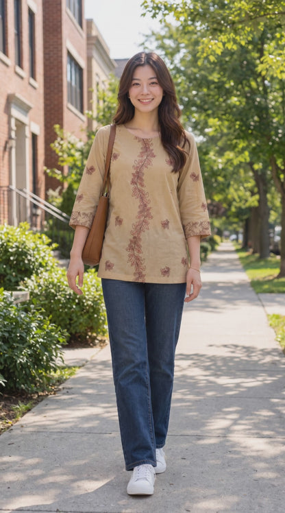 Women's Beige Cotton Embroidered Top in S