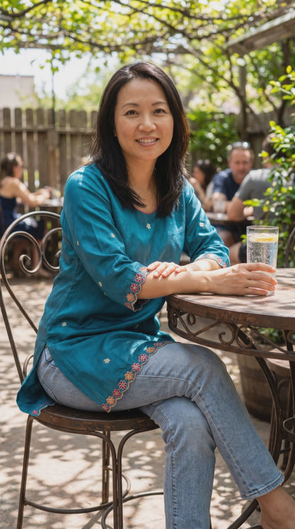 Women's teal blue muslin silk blouse in L