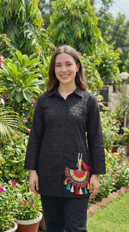 Women's black hakooba co-ord set with colorful doll embroidery in M