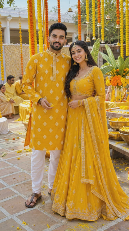 Men’s yellow embroidered silk kurta with white churidar in M