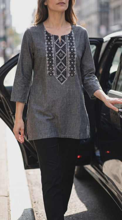 Women's Grey Khadi cotton top with cross-stitch embroidery in L