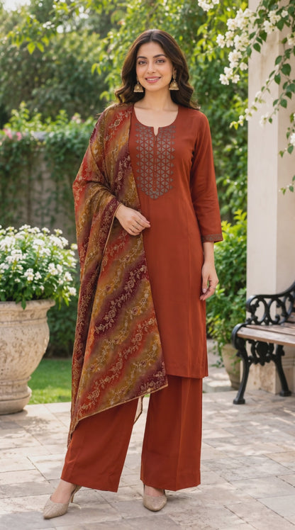 Women’s Rust Chinnon Embroidered Kurta Set in M