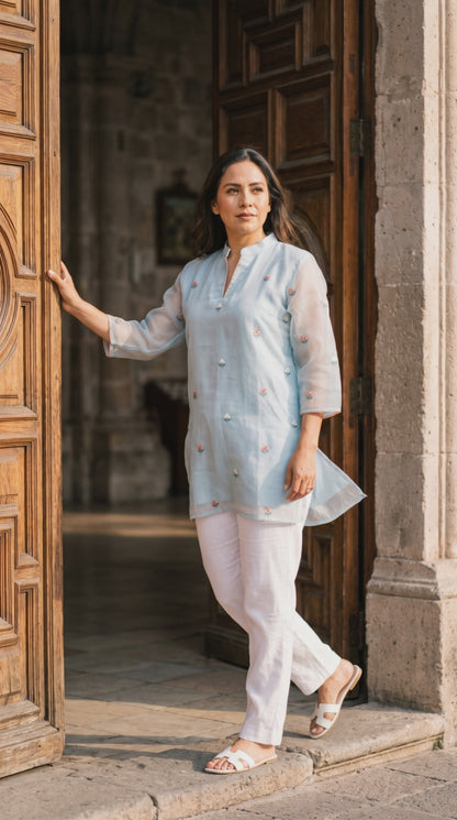 Women’s Sky Blue Embroidered Organza in XXL