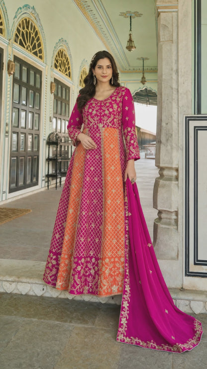 Women’s magenta & orange chinon anarkali suit in M