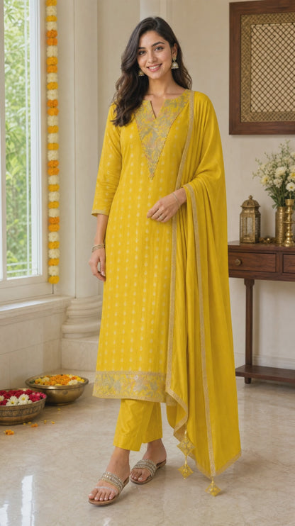 Women's sun glow yellow chinon silk kurta set (M, XL & 2XL)