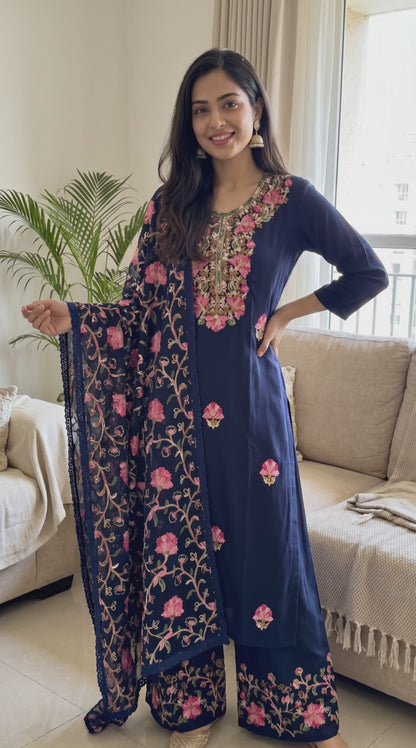 Women's Navy Kashmiri Embroidered Rayon Palazzo Set in L